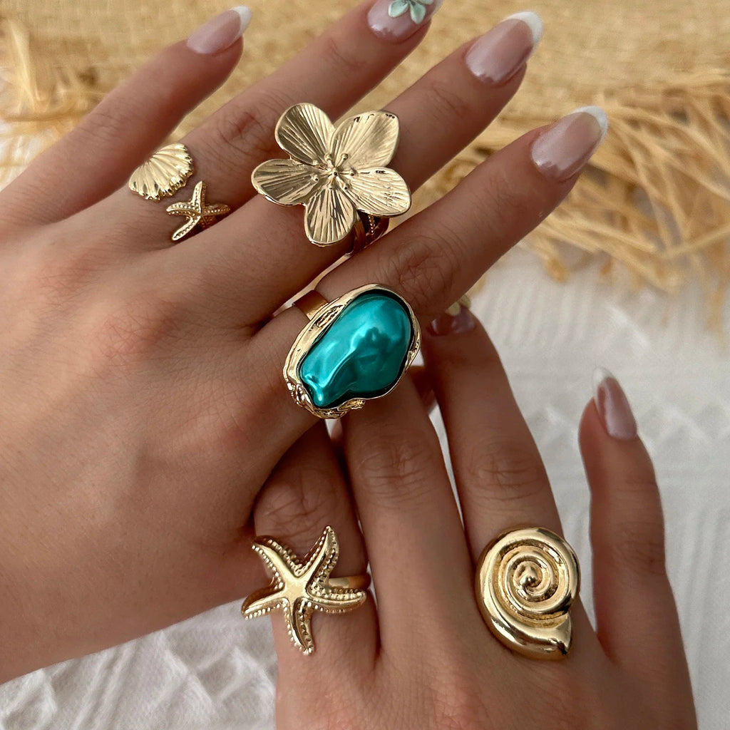 5Pcs Starfish Shell Ring Set For Women Irregular Baroque Imitation Pearl Metal Flower Stacking Finger Ring Beach Party Jewelry