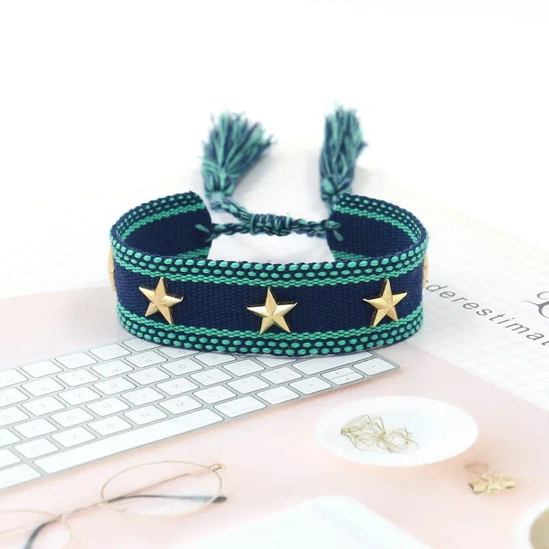 Bohemia Personality Handmade Woven Tassel Bracelet For Women Alloy Gold Color Star Rivet Wrist Starp Bracelet Fashion Jewelry