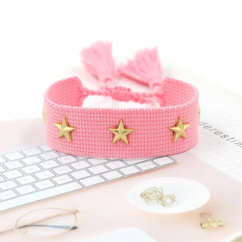 Bohemia Personality Handmade Woven Tassel Bracelet For Women Alloy Gold Color Star Rivet Wrist Starp Bracelet Fashion Jewelry