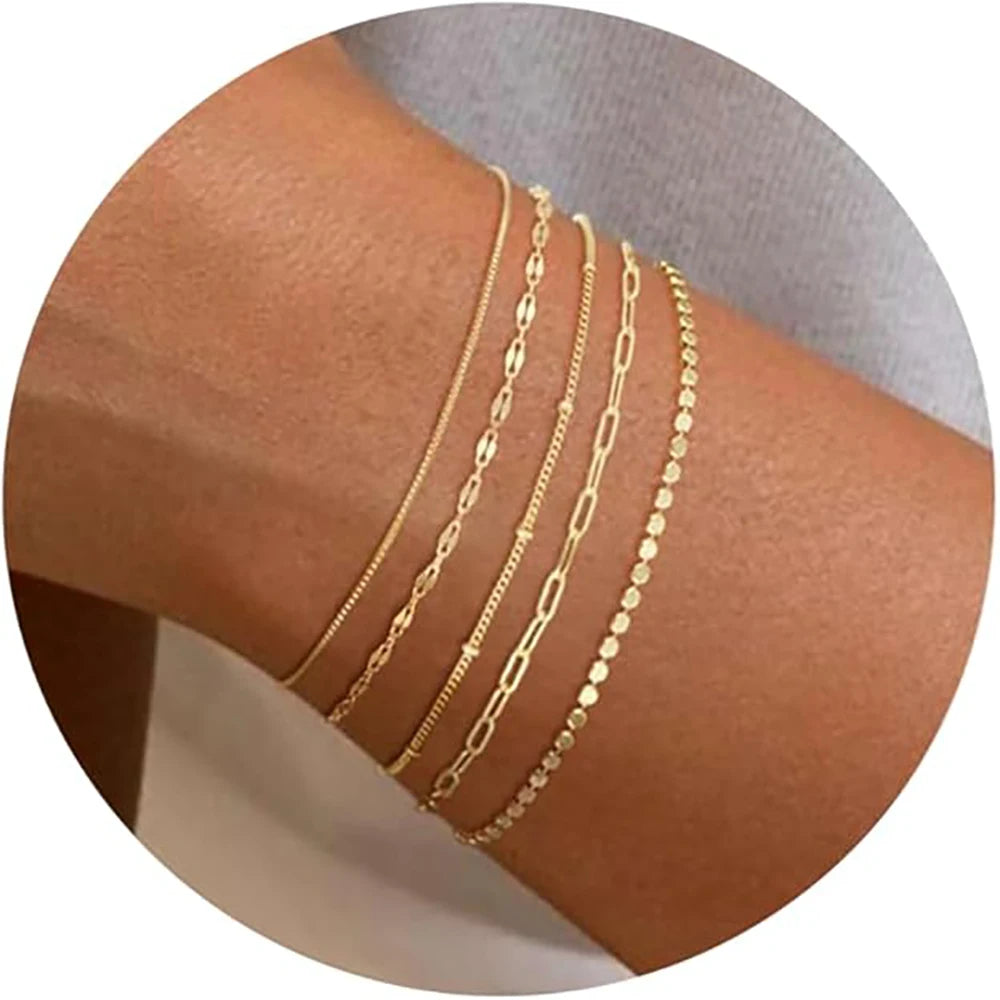 14K Gold Plated Bracelet Set for Women, Dainty Stackable Paperclip & Beaded Chains, Trendy & Waterproof Gift