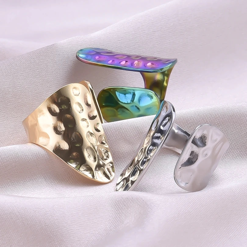 1Pc No Fade Goth Geometric Textured Chunky Heart Open Rings Punk Irregular Cabochon Conch Shell Stackable Women Anillos Jewelry