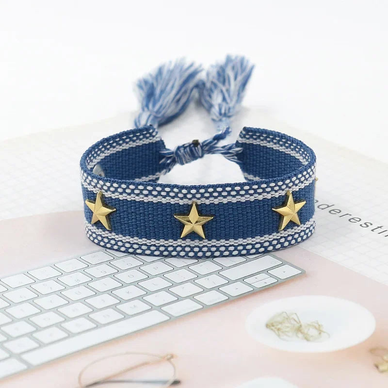 Bohemia Personality Handmade Woven Tassel Bracelet For Women Alloy Gold Color Star Rivet Wrist Starp Bracelet Fashion Jewelry