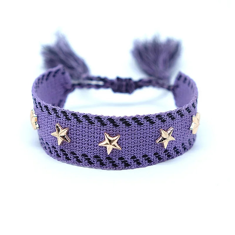 Bohemia Personality Handmade Woven Tassel Bracelet For Women Alloy Gold Color Star Rivet Wrist Starp Bracelet Fashion Jewelry