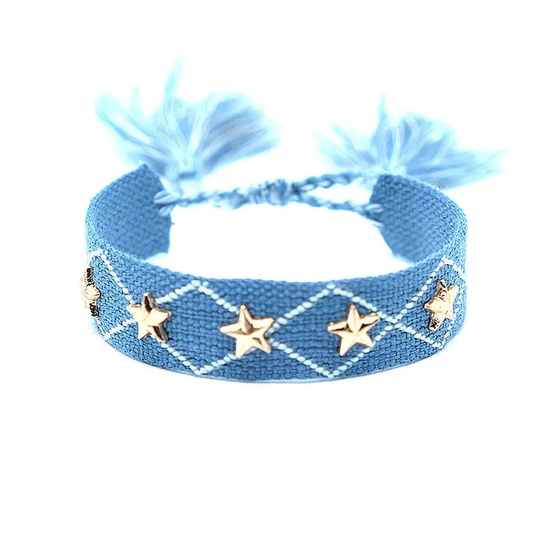 Bohemia Personality Handmade Woven Tassel Bracelet For Women Alloy Gold Color Star Rivet Wrist Starp Bracelet Fashion Jewelry