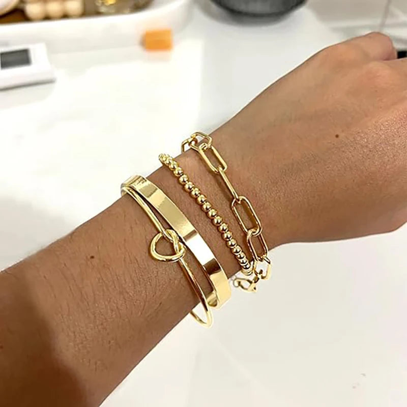 14K Gold Plated Bracelet Set for Women, Dainty Stackable Paperclip & Beaded Chains, Trendy & Waterproof Gift
