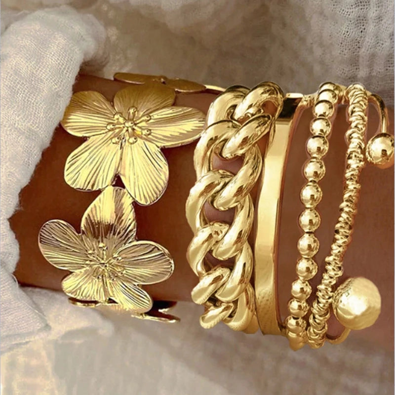 6pcs Vintage Elegant Floral Design Metal Wide Bangle Set for Women Fashion Exaggerated Beaded Open Cuff Bracelet Daily Jewelry