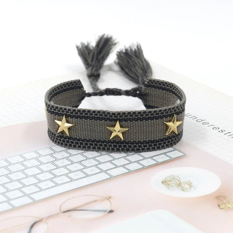Bohemia Personality Handmade Woven Tassel Bracelet For Women Alloy Gold Color Star Rivet Wrist Starp Bracelet Fashion Jewelry