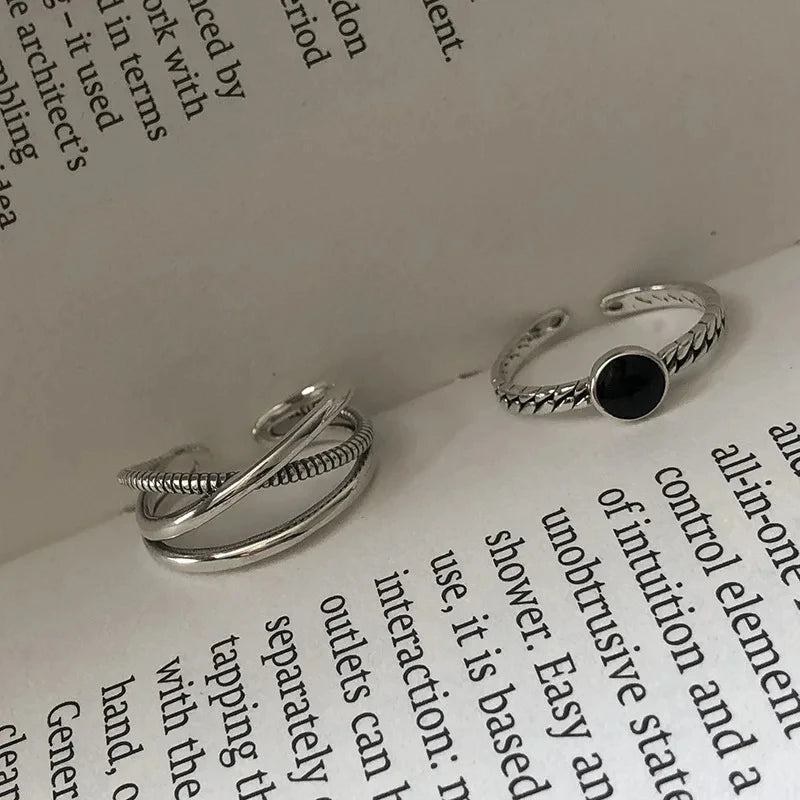 925 Sterling Silver Rings For Women New Black Stone Stackable Adjustable Ring Engagement Birthday Party Jewelry Gift