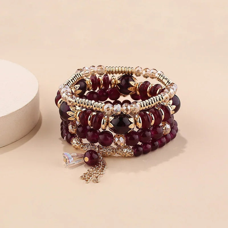 4Pcs Bohemian Stackable Beaded Bracelets Set For Women Multilayered Glass Beads Stretch Chain Charm Bracelet Men Fashion Jewelry