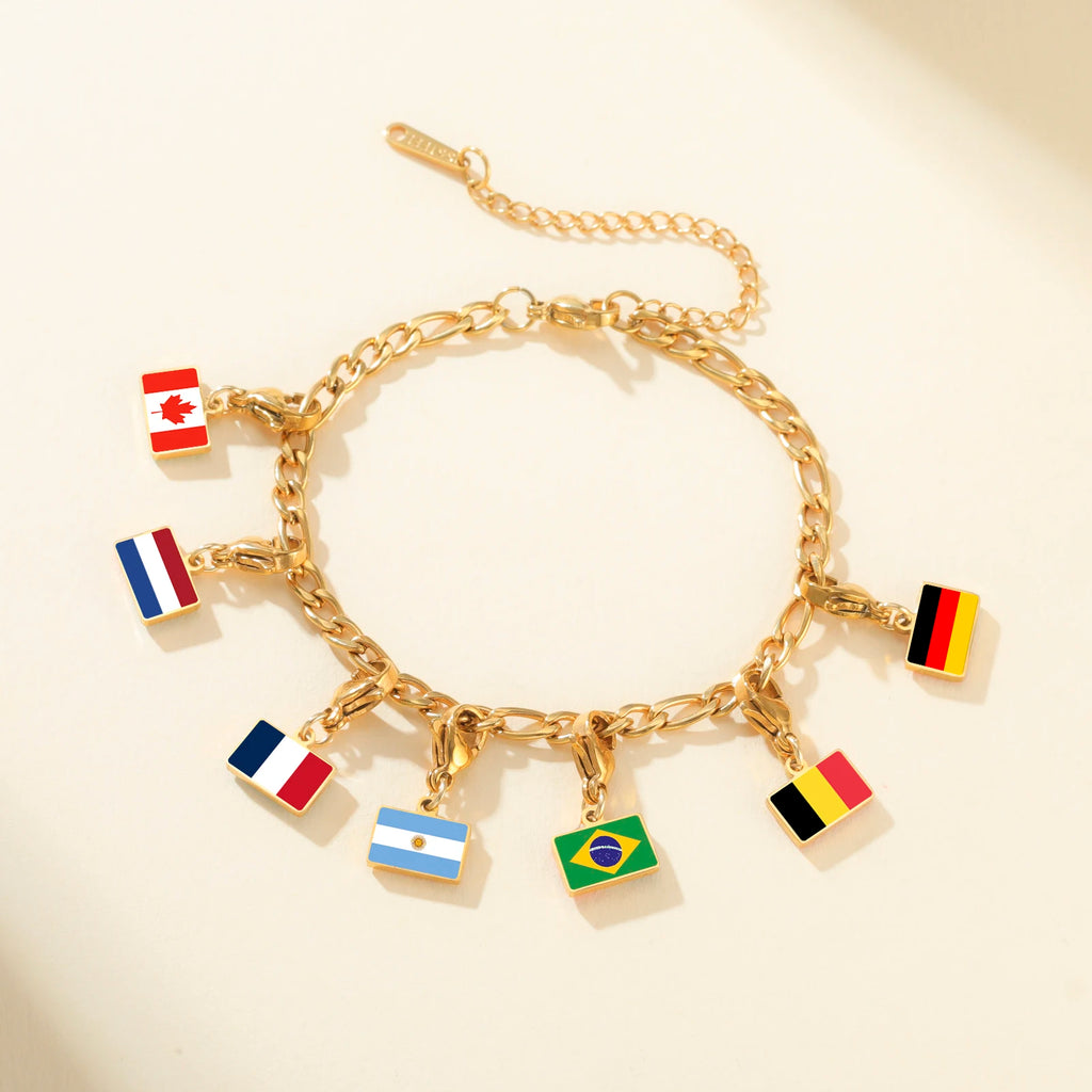 EUEAVAN 1pc Stainless Steel Country Flag Charm Bracelet with Figaro Chain Tiny Charms Hand Bracelet Travel Holiday Jewelry Gifts