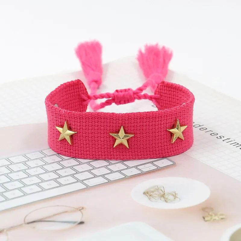 Bohemia Personality Handmade Woven Tassel Bracelet For Women Alloy Gold Color Star Rivet Wrist Starp Bracelet Fashion Jewelry