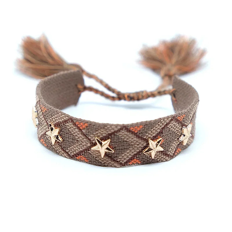 Bohemia Personality Handmade Woven Tassel Bracelet For Women Alloy Gold Color Star Rivet Wrist Starp Bracelet Fashion Jewelry