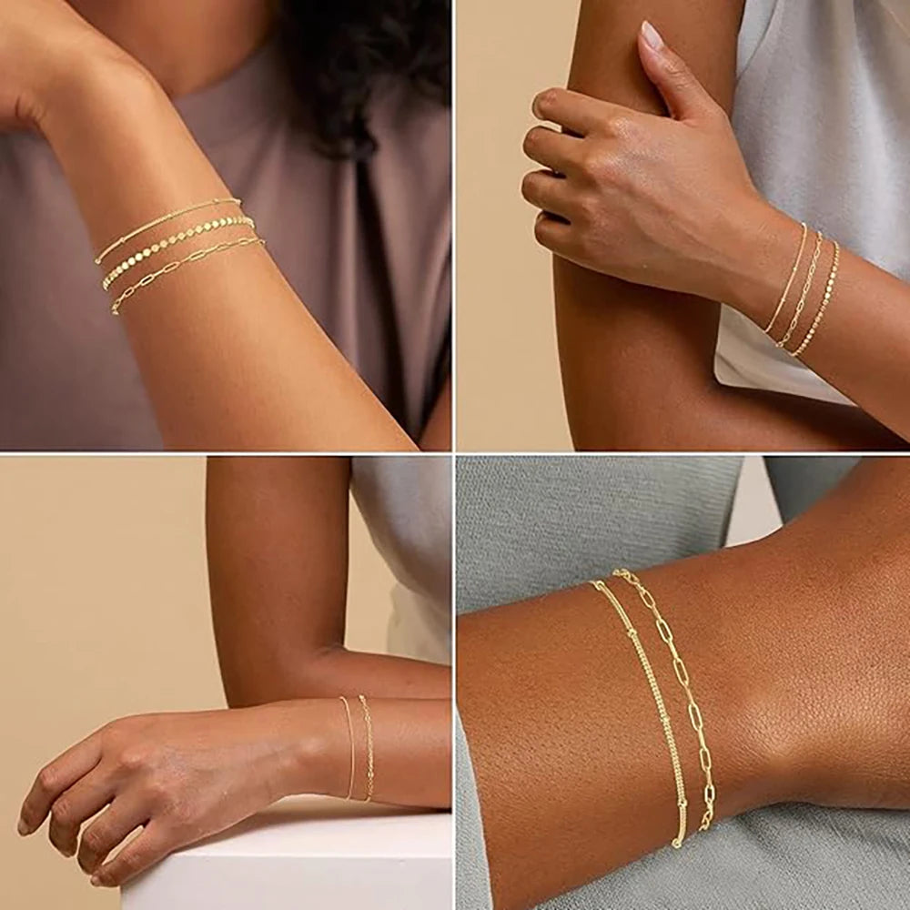 14K Gold Plated Bracelet Set for Women, Dainty Stackable Paperclip & Beaded Chains, Trendy & Waterproof Gift