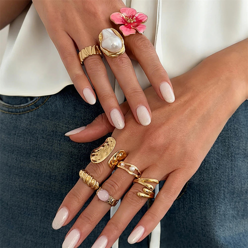 6-10Pcs/Set Beach Style Blue Flower Starfish Shell Knuckle Rings For Women Bohemia Vintage Gold Color Metal Finger Ring Jewelry