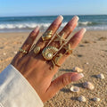 7Pcs Ocean Ring Set for Women Golden-Tone Stackable Starfish Seahorse Conch Faux Pearl Beach Vacation Resort Jewelry