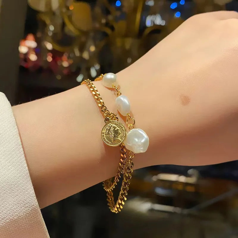 GANPUP 316L Stainless Steel Delicate Pearl Starfish Charms Bracelet For Women 2025 Texture Waterproof Wrist Chain Jewelry Gift