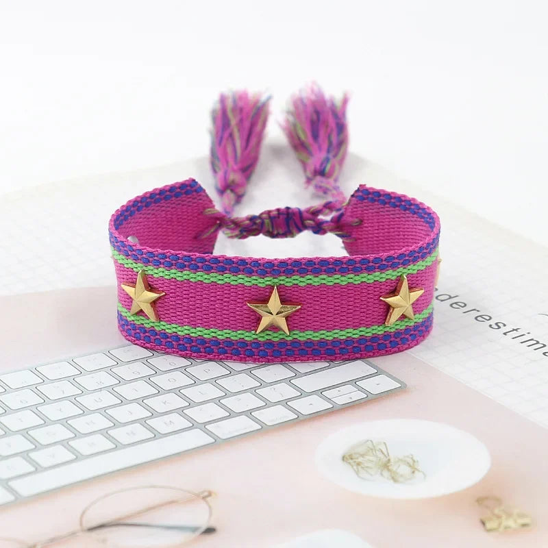 Bohemia Personality Handmade Woven Tassel Bracelet For Women Alloy Gold Color Star Rivet Wrist Starp Bracelet Fashion Jewelry