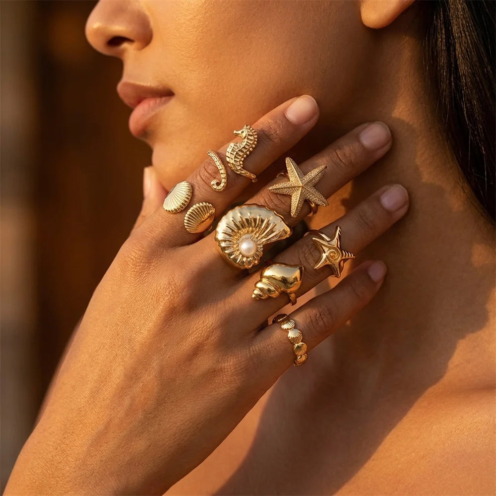 7Pcs Ocean Ring Set for Women Golden-Tone Stackable Starfish Seahorse Conch Faux Pearl Beach Vacation Resort Jewelry