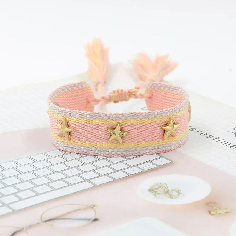 Bohemia Personality Handmade Woven Tassel Bracelet For Women Alloy Gold Color Star Rivet Wrist Starp Bracelet Fashion Jewelry