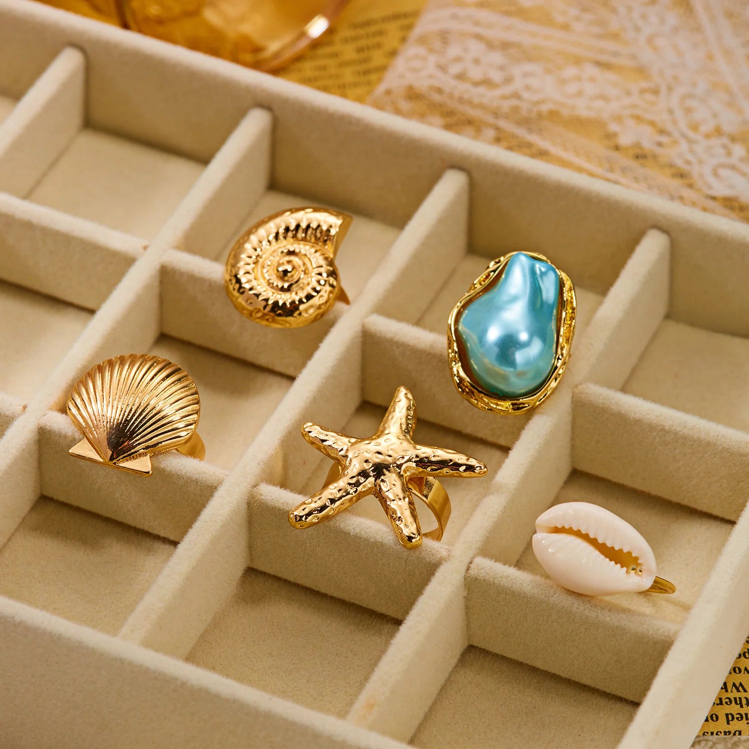 Summer Bohemian Star Shell Nautilus Ring Set Women's Layered Fashion Personality Combination Finger Ring Hand Accessory Gift