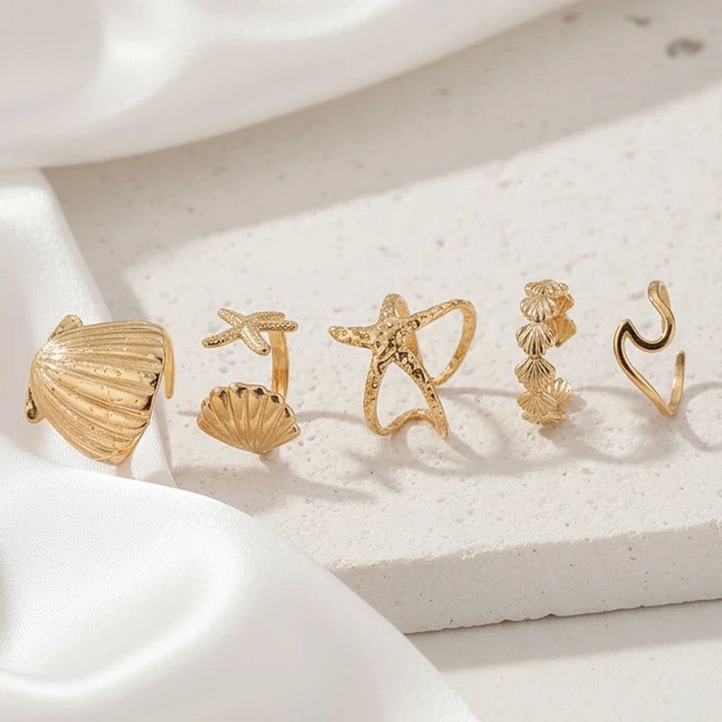 Stainless Steel Shell Starfish Open Ring Set for Women Exquisite Exaggeration 5Pcs Adjustable Rings Retro Stackable Jewelry Gift