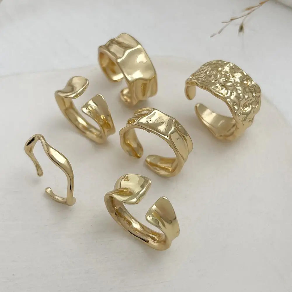 6Pcs/Set Vintage Sun Starfish Open Rings for Women Men Punk Irregular Pleated Pearl Ring Summer Holiday Personalized Jewelry