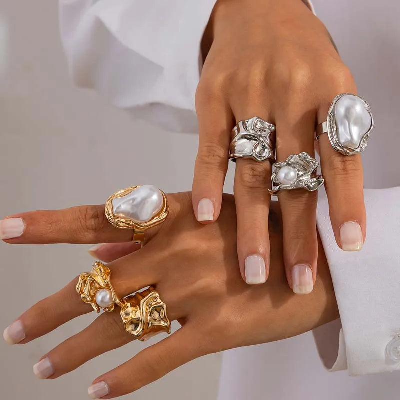 6Pcs/Set Gold Color Imitation Pearl Open Ring for Women Vintage Colorful Flower Crystal Rings Set Engagement Party Jewelry Gifts