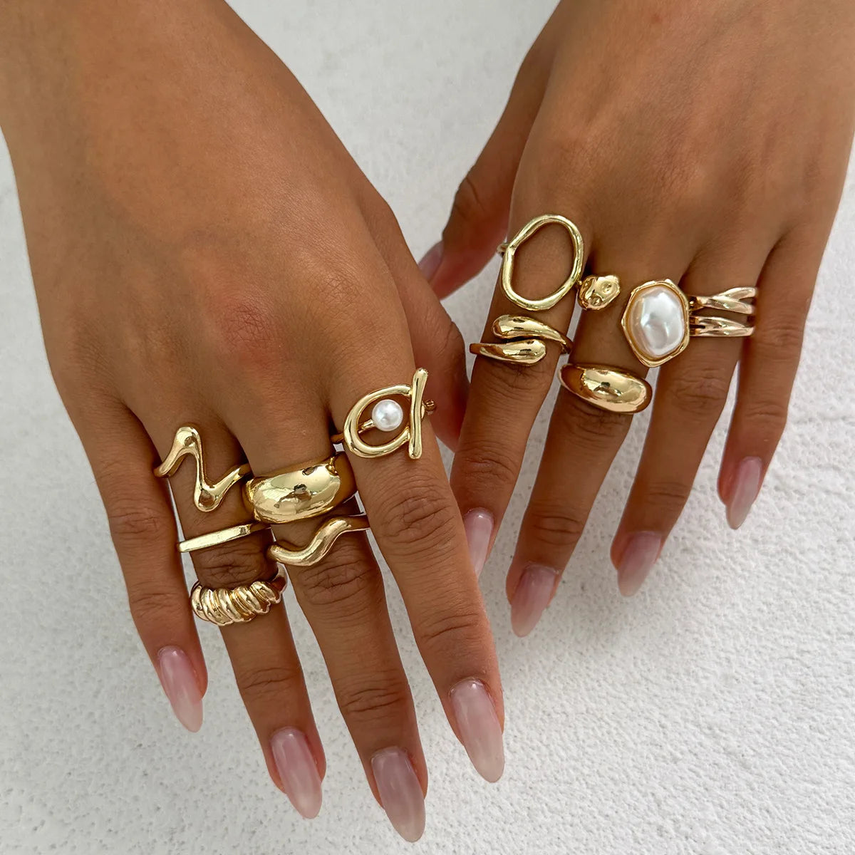 11Pcs/Set Fashion Gold Color Pearl Geometric Open Rings for Women Exaggerated Metal Irregular Adjustable Ring Set Jewelry Gifts