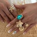 5Pcs Starfish Shell Ring Set For Women Irregular Baroque Imitation Pearl Metal Flower Stacking Finger Ring Beach Party Jewelry