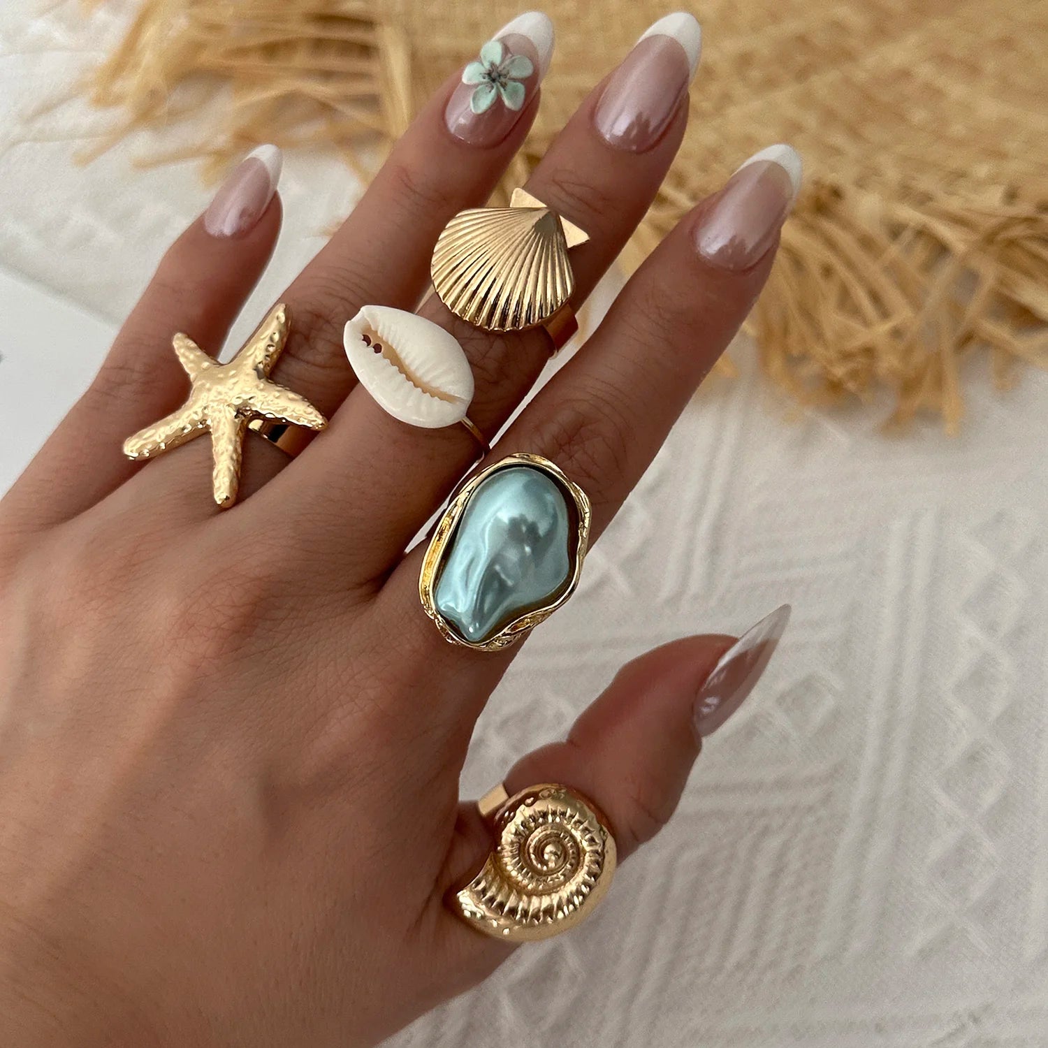 5Pcs Starfish Shell Ring Set For Women Irregular Baroque Imitation Pearl Metal Flower Stacking Finger Ring Beach Party Jewelry