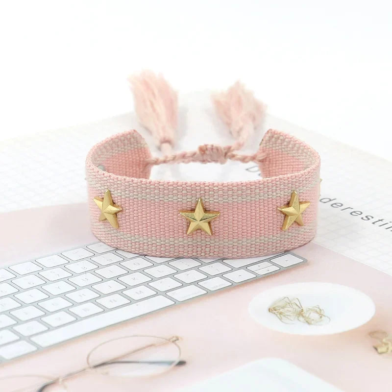 Bohemia Personality Handmade Woven Tassel Bracelet For Women Alloy Gold Color Star Rivet Wrist Starp Bracelet Fashion Jewelry