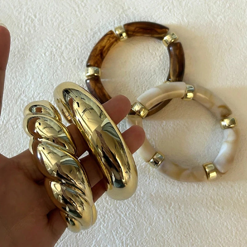 4pcs Vintage Minimalist Elegant Brown Resin Elastic Bangle Set Gold Color Smooth Open Bracelets For Women Daily Holiday Jewelry
