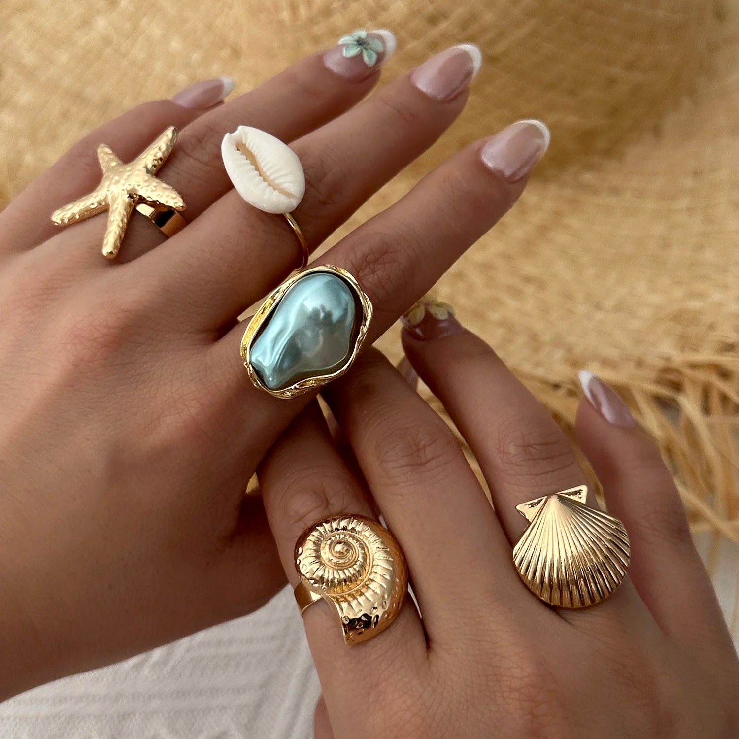 5Pcs Starfish Shell Ring Set For Women Irregular Baroque Imitation Pearl Metal Flower Stacking Finger Ring Beach Party Jewelry