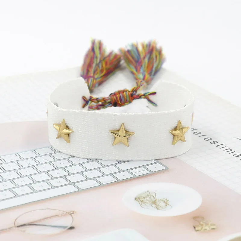 Bohemia Personality Handmade Woven Tassel Bracelet For Women Alloy Gold Color Star Rivet Wrist Starp Bracelet Fashion Jewelry