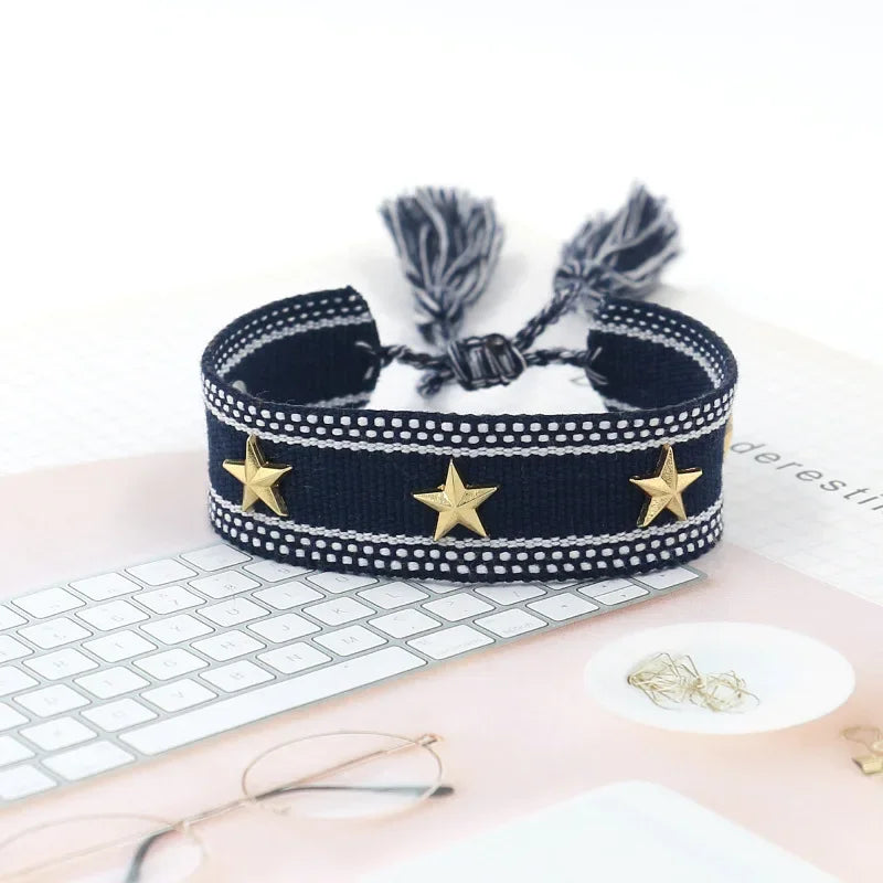 Bohemia Personality Handmade Woven Tassel Bracelet For Women Alloy Gold Color Star Rivet Wrist Starp Bracelet Fashion Jewelry