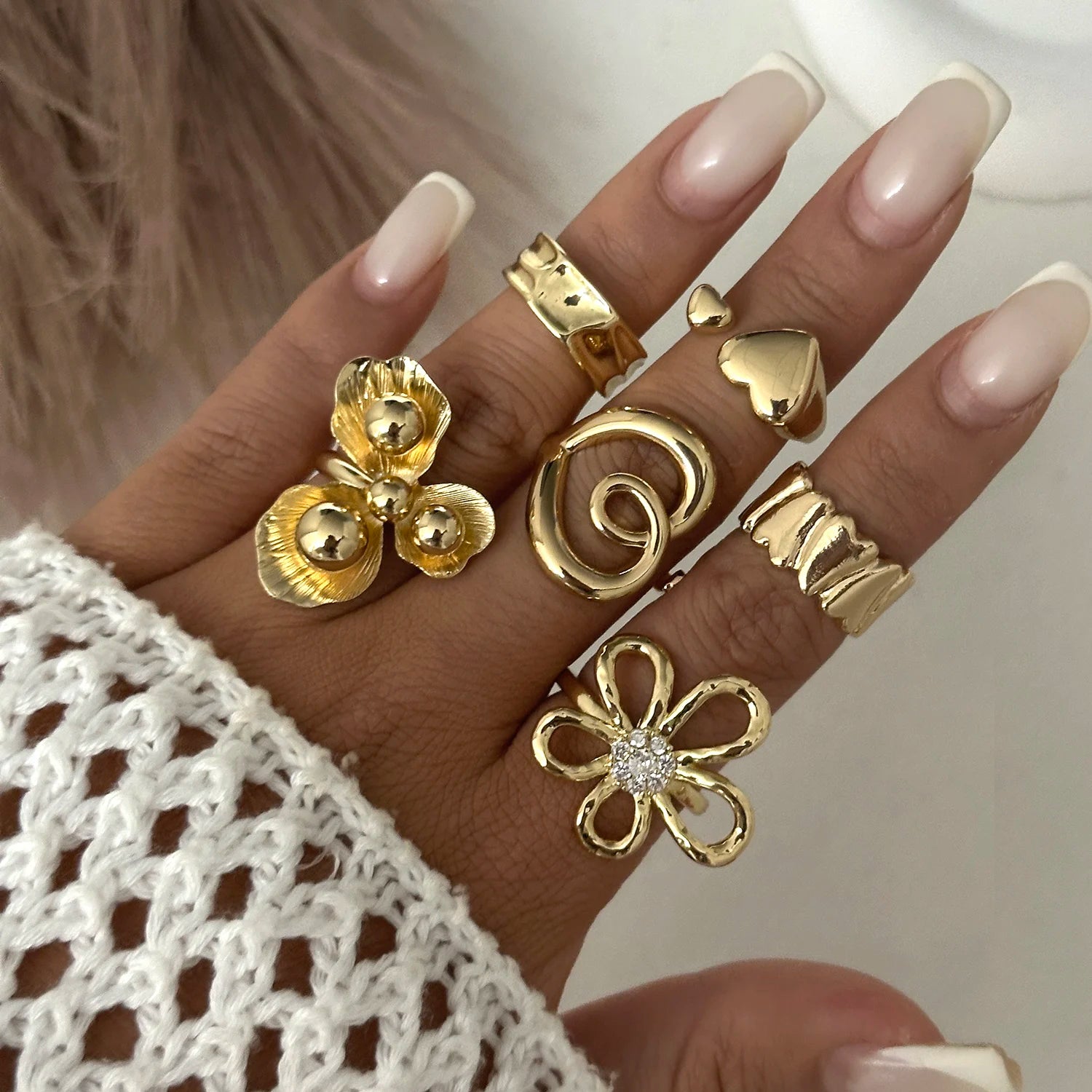6-10Pcs/Set Beach Style Blue Flower Starfish Shell Knuckle Rings For Women Bohemia Vintage Gold Color Metal Finger Ring Jewelry