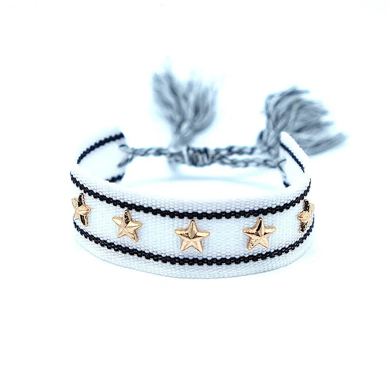 Bohemia Personality Handmade Woven Tassel Bracelet For Women Alloy Gold Color Star Rivet Wrist Starp Bracelet Fashion Jewelry