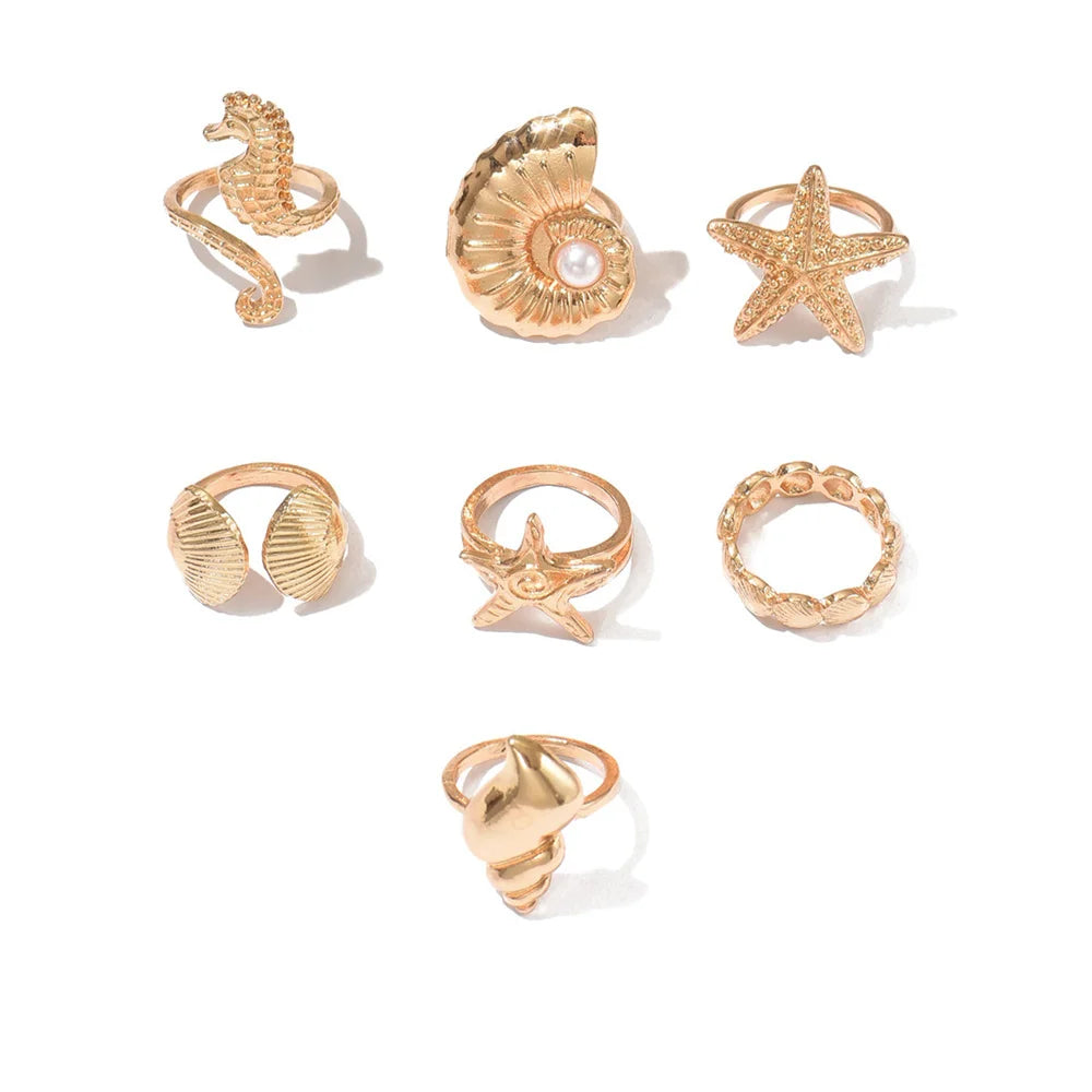7Pcs Ocean Ring Set for Women Golden-Tone Stackable Starfish Seahorse Conch Faux Pearl Beach Vacation Resort Jewelry
