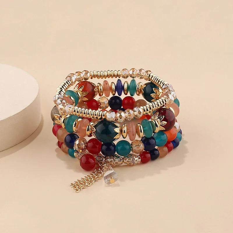 4Pcs Bohemian Stackable Beaded Bracelets Set For Women Multilayered Glass Beads Stretch Chain Charm Bracelet Men Fashion Jewelry
