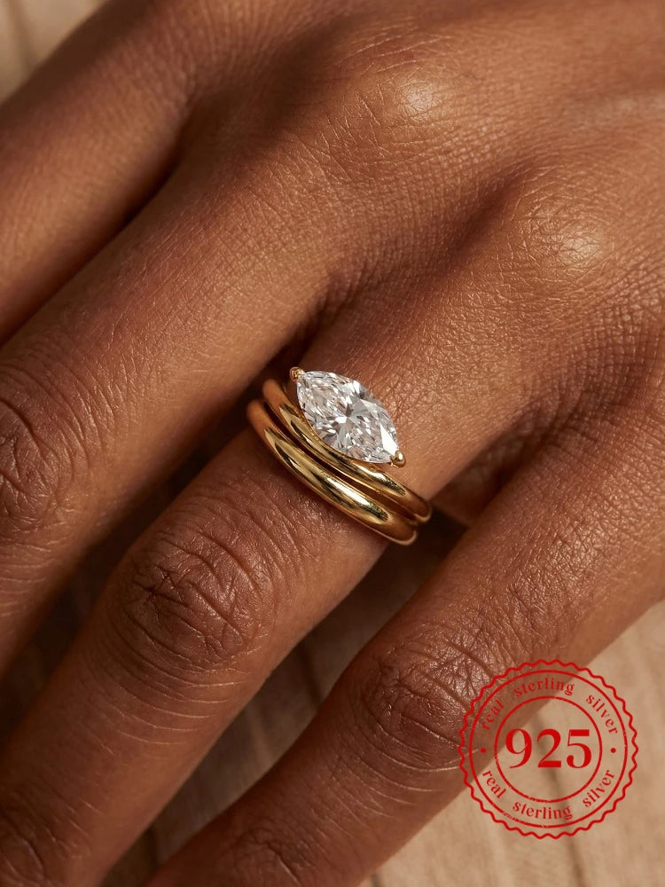 925 Sterling Silver Simple Smooth Wave Marquise Zircon Ring For Women Engagement Party Daily Wear High Quality Fine Jewelry