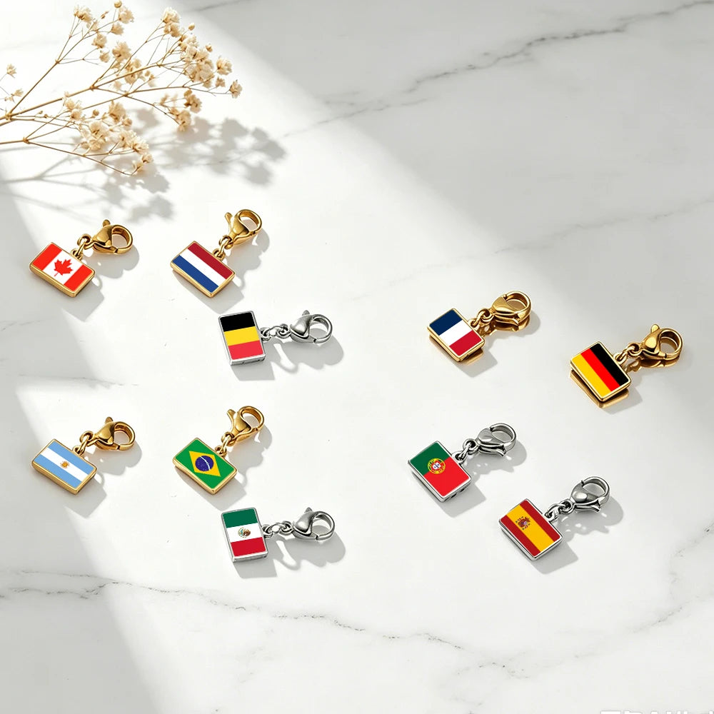 EUEAVAN 1pc Stainless Steel Country Flag Charm Bracelet with Figaro Chain Tiny Charms Hand Bracelet Travel Holiday Jewelry Gifts
