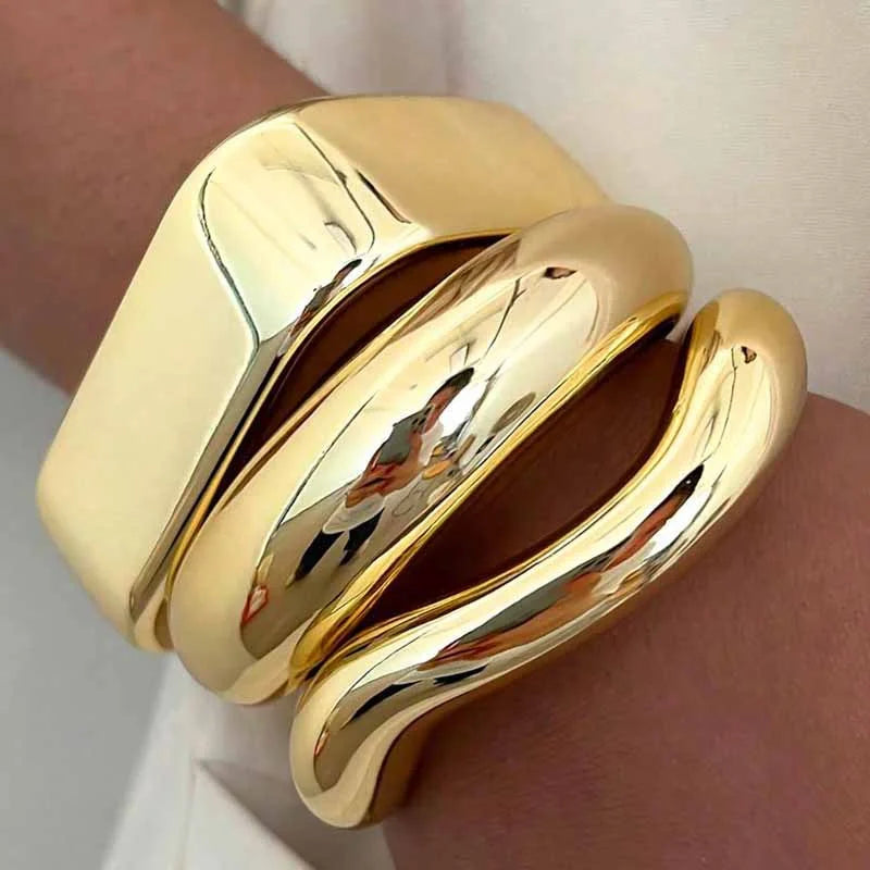 3 Pcs Vintage Hip Hop Cuff Bangles for Women Punk Gold Color Twisted Wavy Geometric Stackable Bangles Bracelet Men Party Jewelry