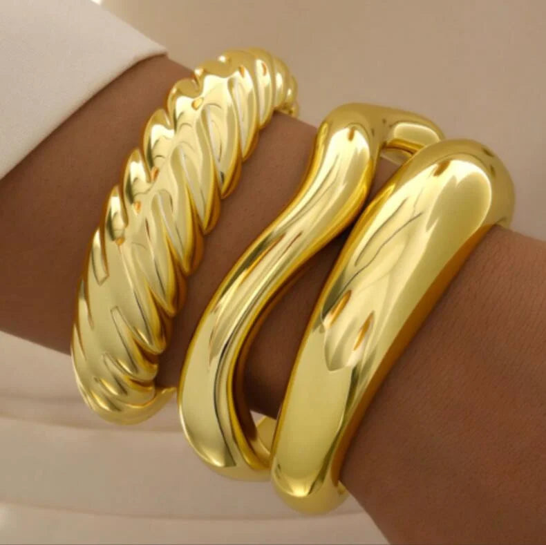 3 Pcs Vintage Hip Hop Cuff Bangles for Women Punk Gold Color Twisted Wavy Geometric Stackable Bangles Bracelet Men Party Jewelry