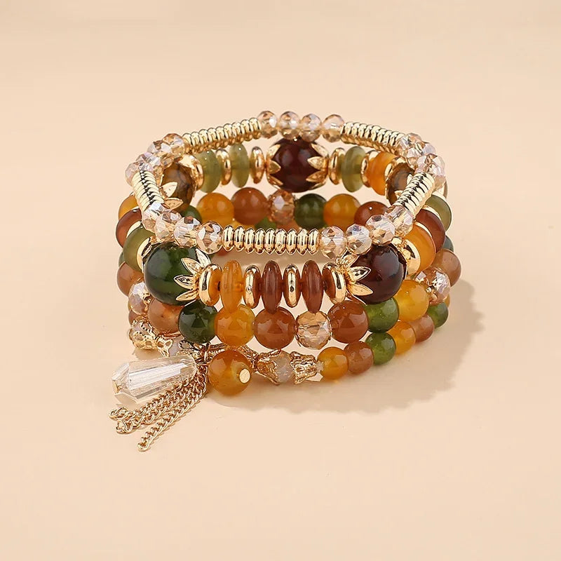 4Pcs Bohemian Stackable Beaded Bracelets Set For Women Multilayered Glass Beads Stretch Chain Charm Bracelet Men Fashion Jewelry