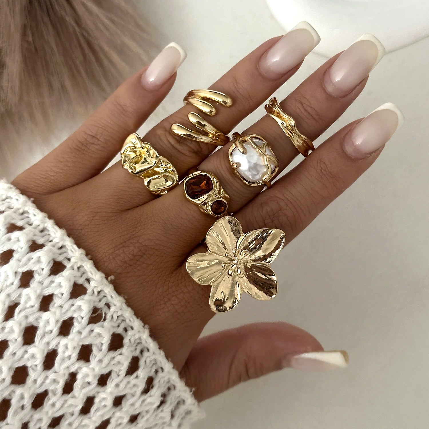 6-10Pcs/Set Beach Style Blue Flower Starfish Shell Knuckle Rings For Women Bohemia Vintage Gold Color Metal Finger Ring Jewelry