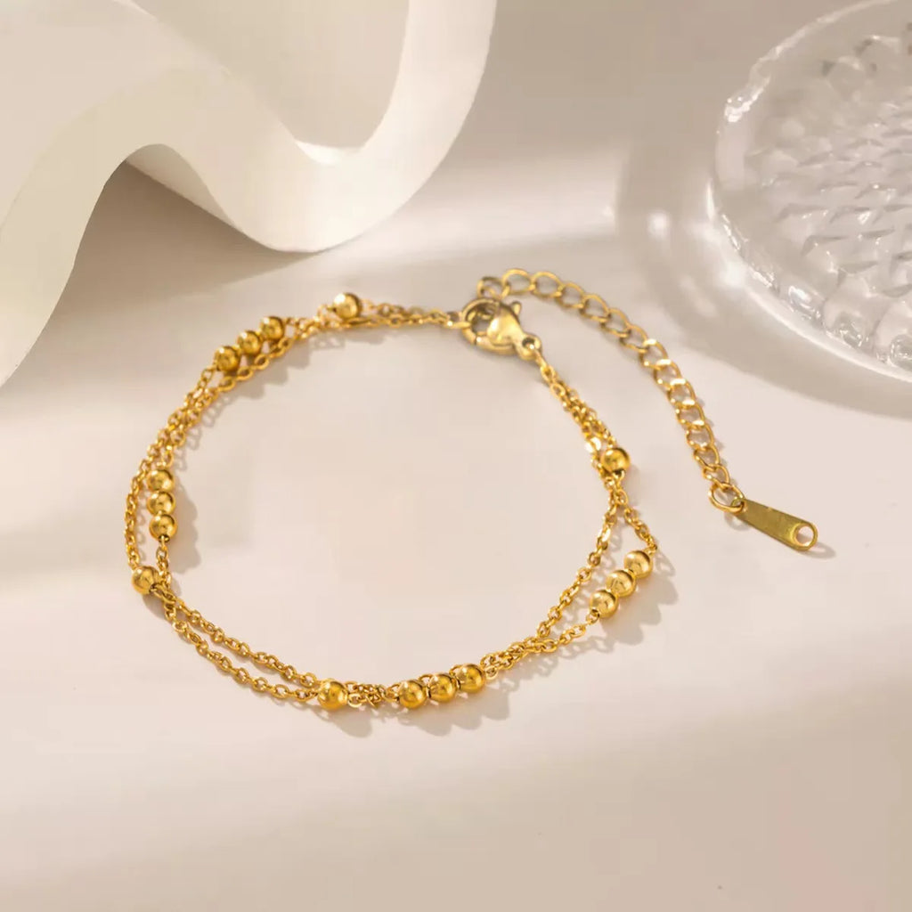 Gold Plated Bracelets Small Round Beads Bracelet, Retro Double Layer Bracelet, Stainless Steel Jewelry for Women Birthday Gift