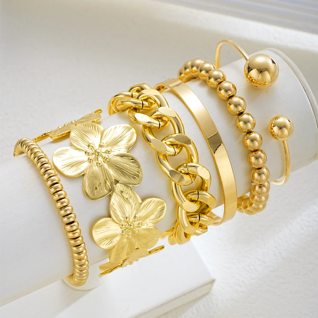 6pcs Vintage Elegant Floral Design Metal Wide Bangle Set for Women Fashion Exaggerated Beaded Open Cuff Bracelet Daily Jewelry