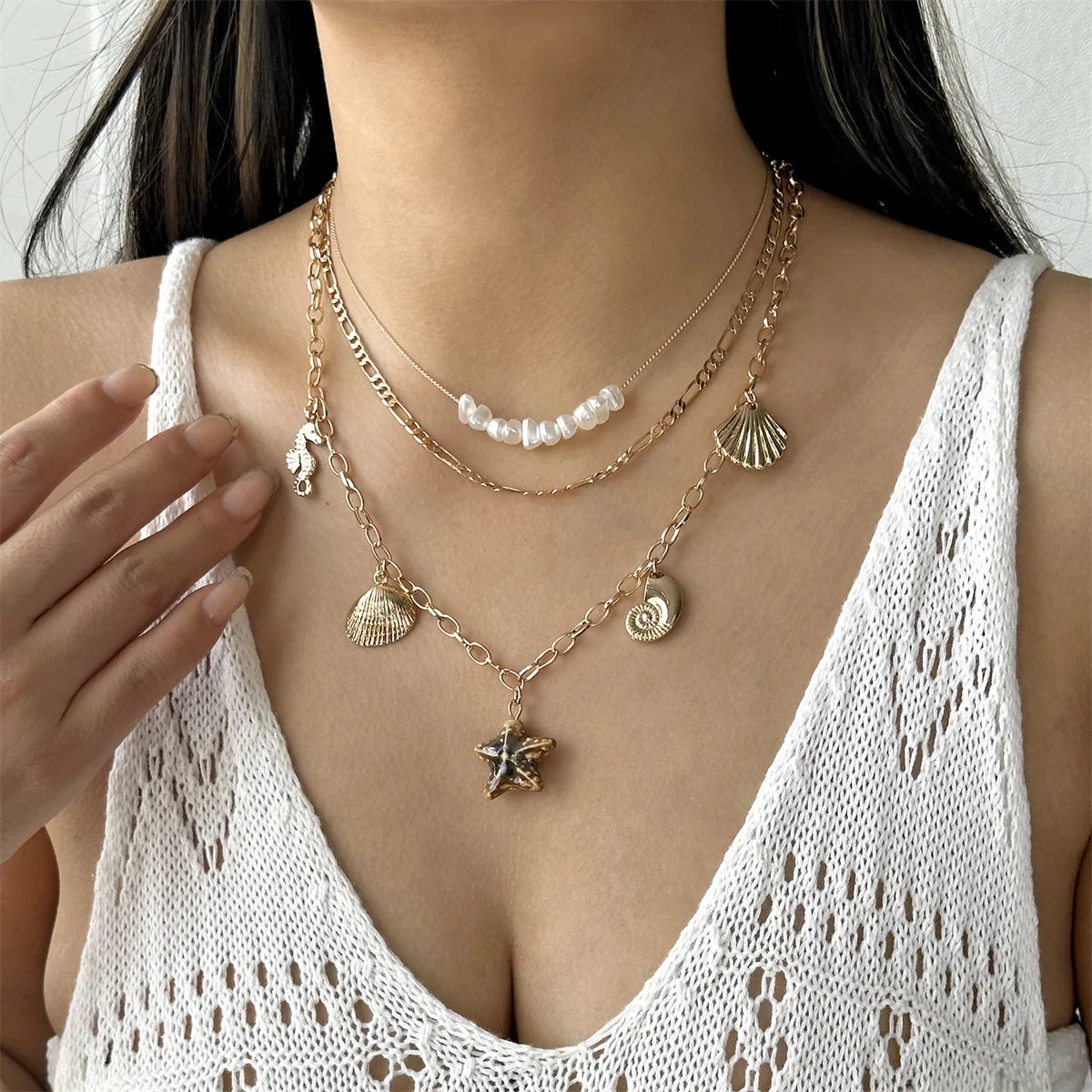 Bohemian Starfish Shell Pendant Necklace For Women Trendy Summer Beach Pearl Chain OT Buckle Choker Travel Party Jewelry