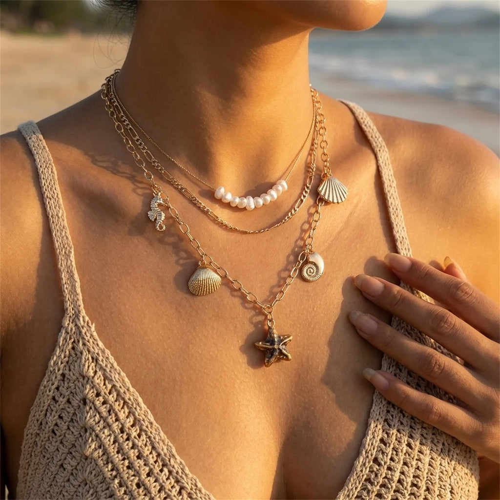Bohemian Starfish Shell Pendant Necklace For Women Trendy Summer Beach Pearl Chain OT Buckle Choker Travel Party Jewelry