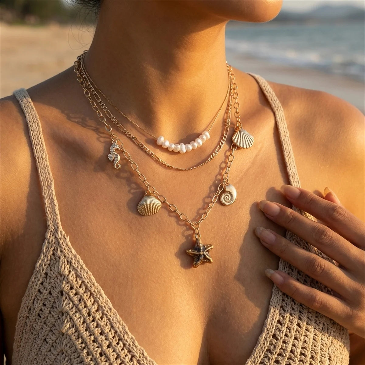 Bohemian Starfish Shell Pendant Necklace For Women Trendy Summer Beach Pearl Chain OT Buckle Choker Travel Party Jewelry